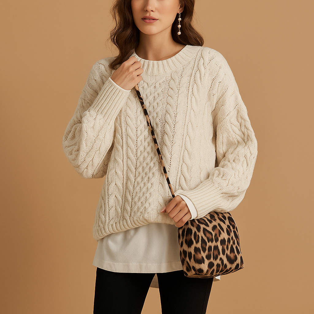Women’s wool sweater with unique print, classic fit, and soft wool blend. Perfect for casual outfits or chic layered styles in autumn and winter.