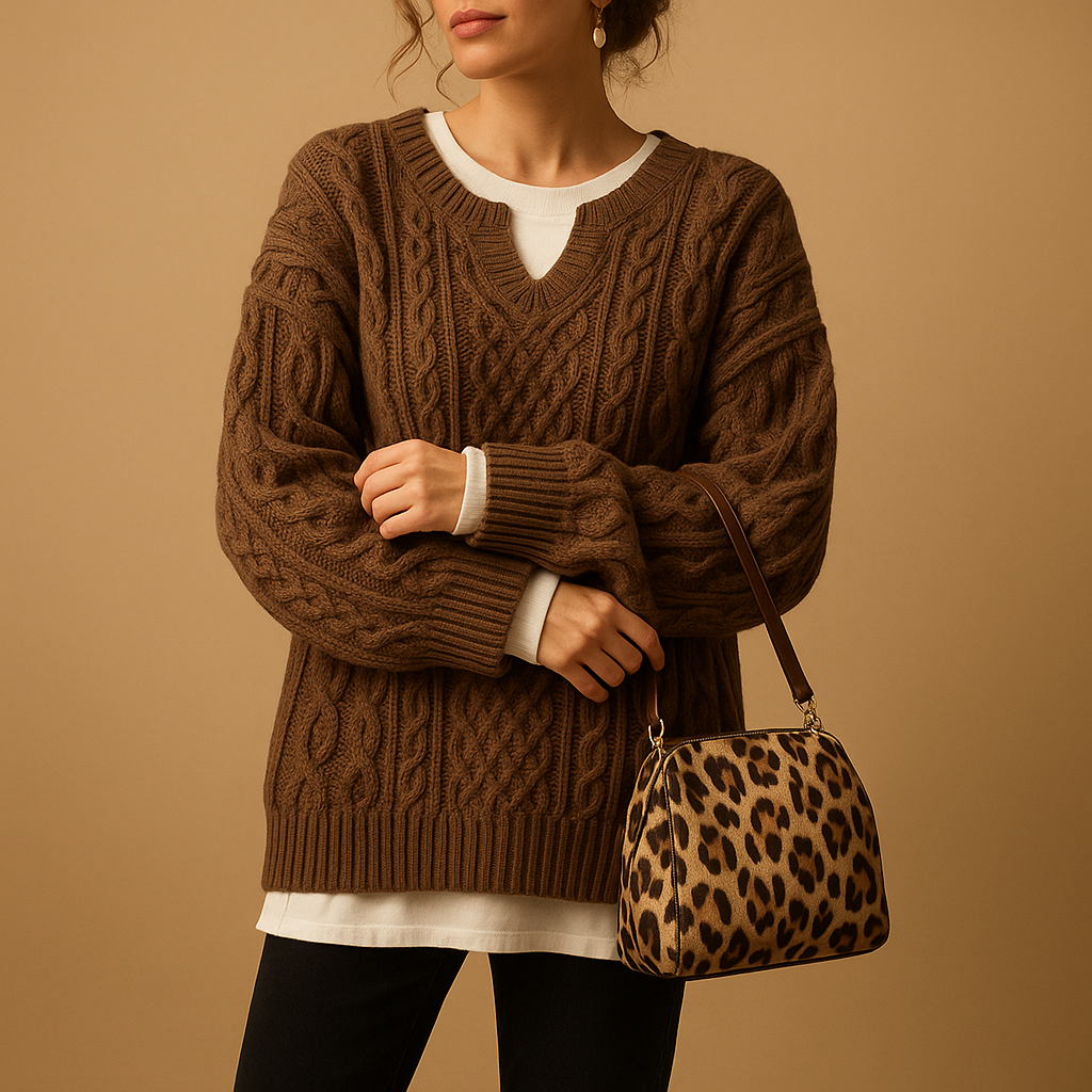 Women’s wool sweater with unique print, classic fit, and soft wool blend. Perfect for casual outfits or chic layered styles in autumn and winter.