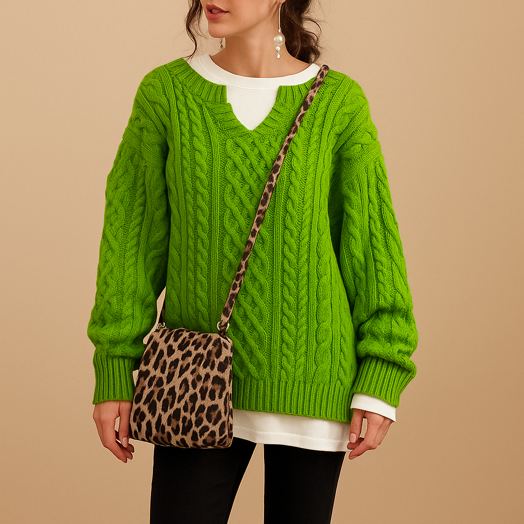 Women’s wool sweater with unique print, classic fit, and soft wool blend. Perfect for casual outfits or chic layered styles in autumn and winter.