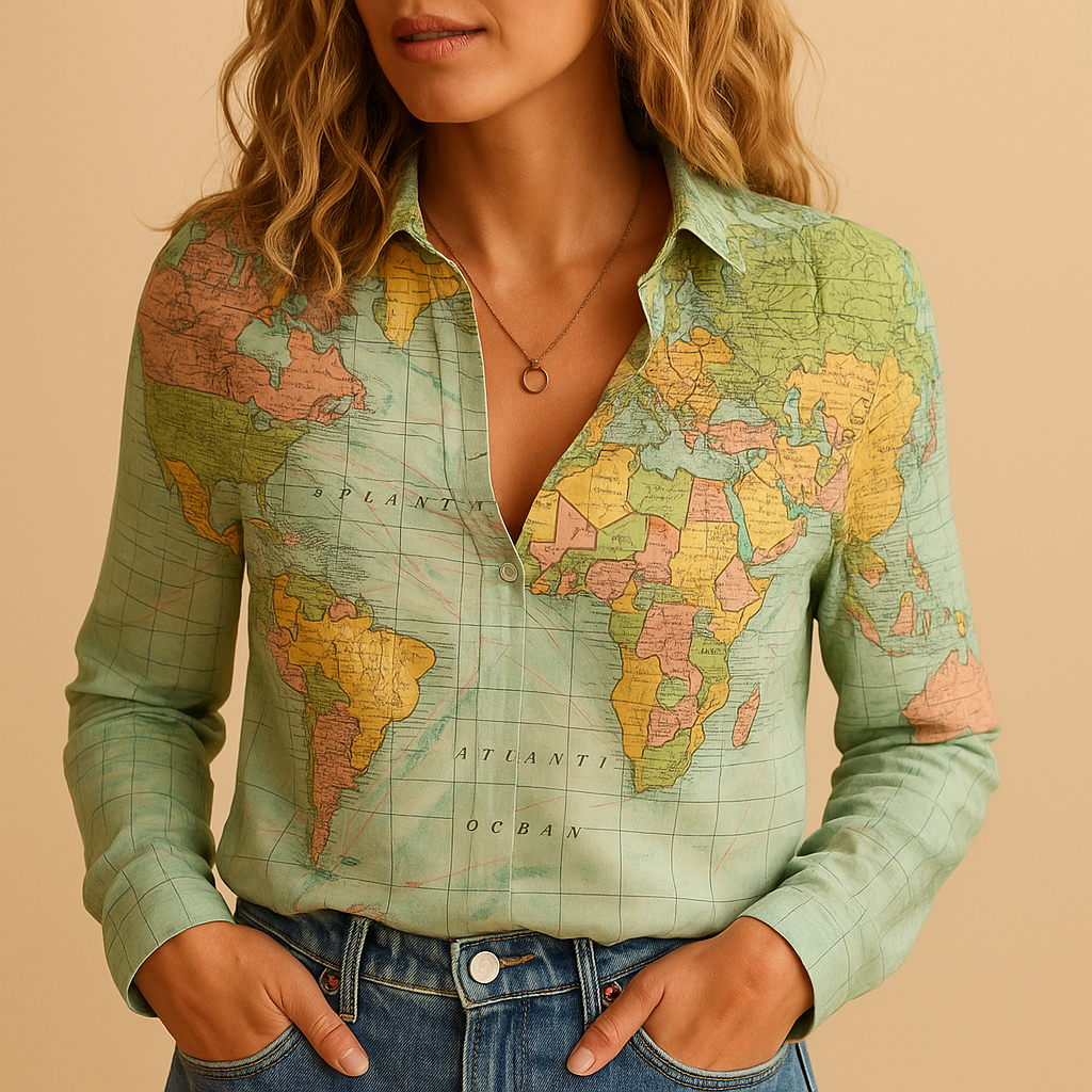 Women’s lightweight blouse with world map print in green — stylish, breathable, and perfect for travel or everyday wear.