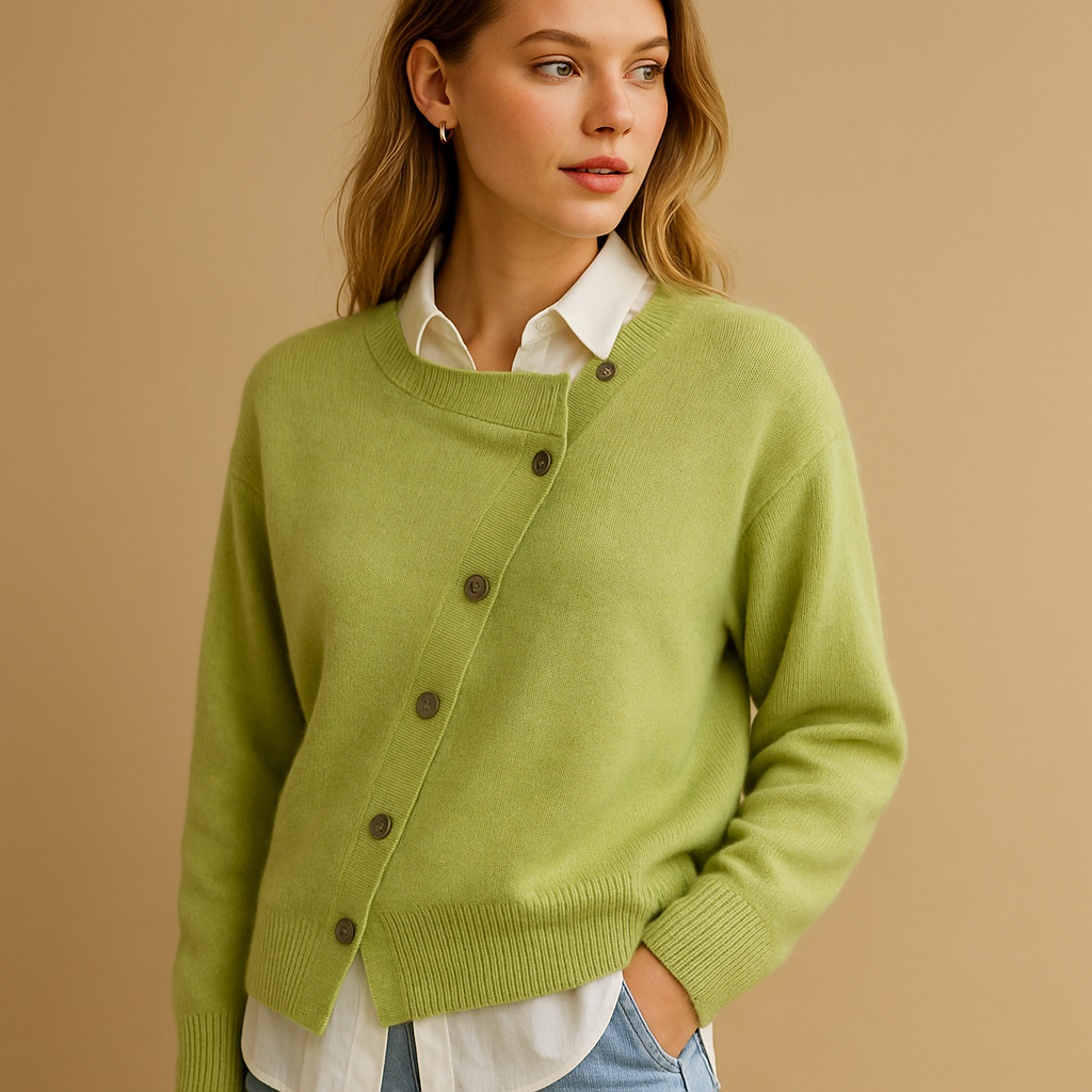 Women’s wrap cardigan with asymmetrical button closure, made from soft cashmere-style fabric, perfect for chic evenings and cozy everyday wear.