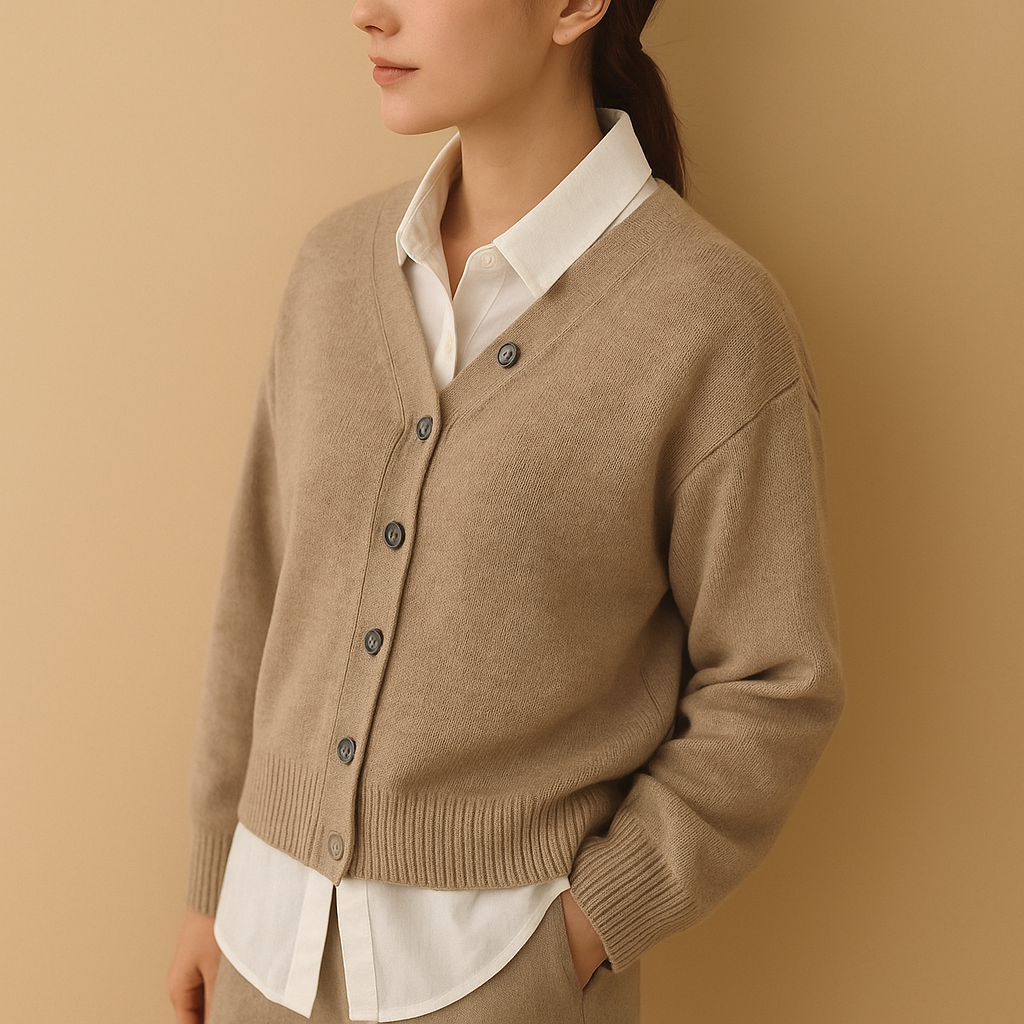 Women’s wrap cardigan with asymmetrical button closure, made from soft cashmere-style fabric, perfect for chic evenings and cozy everyday wear.