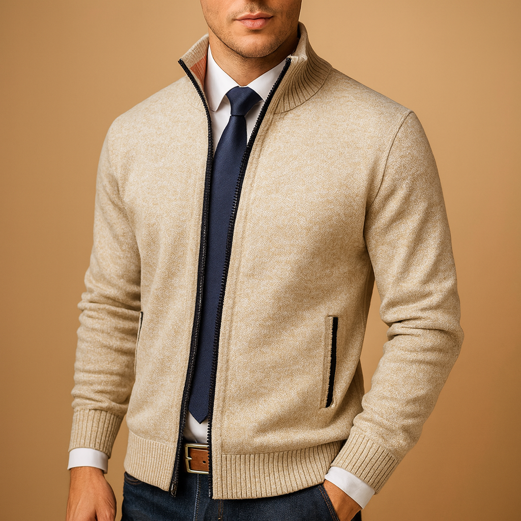 Men’s zipped cardigan with modern look, warm fabric, and practical zipper, perfect for casual, sporty, or daily autumn and winter outfits.