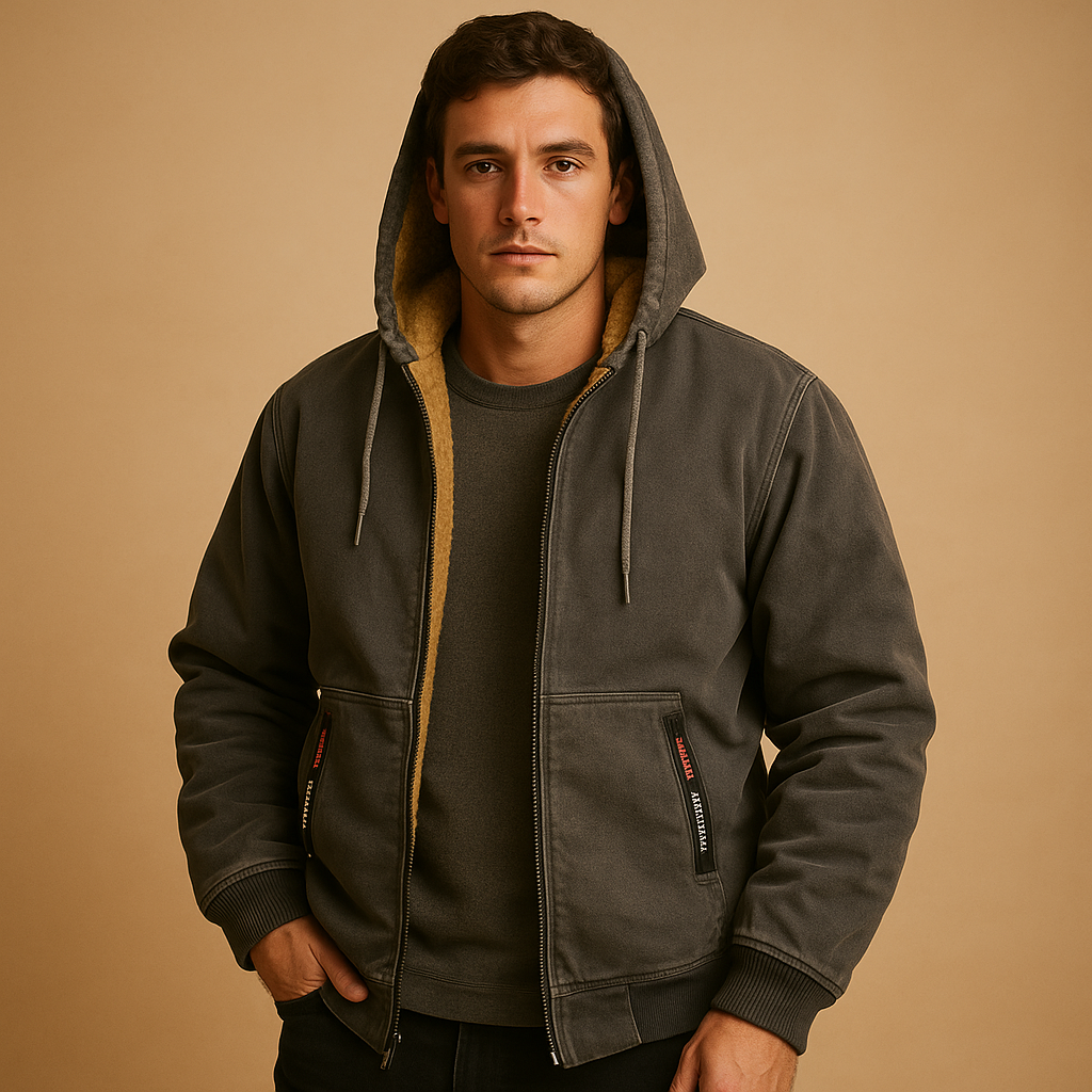 Men’s zipped hoodie with relaxed fit, hood, and zipper, available in black, gray, and navy blue. Ideal for casual wear, outdoor activities, and daily comfort.