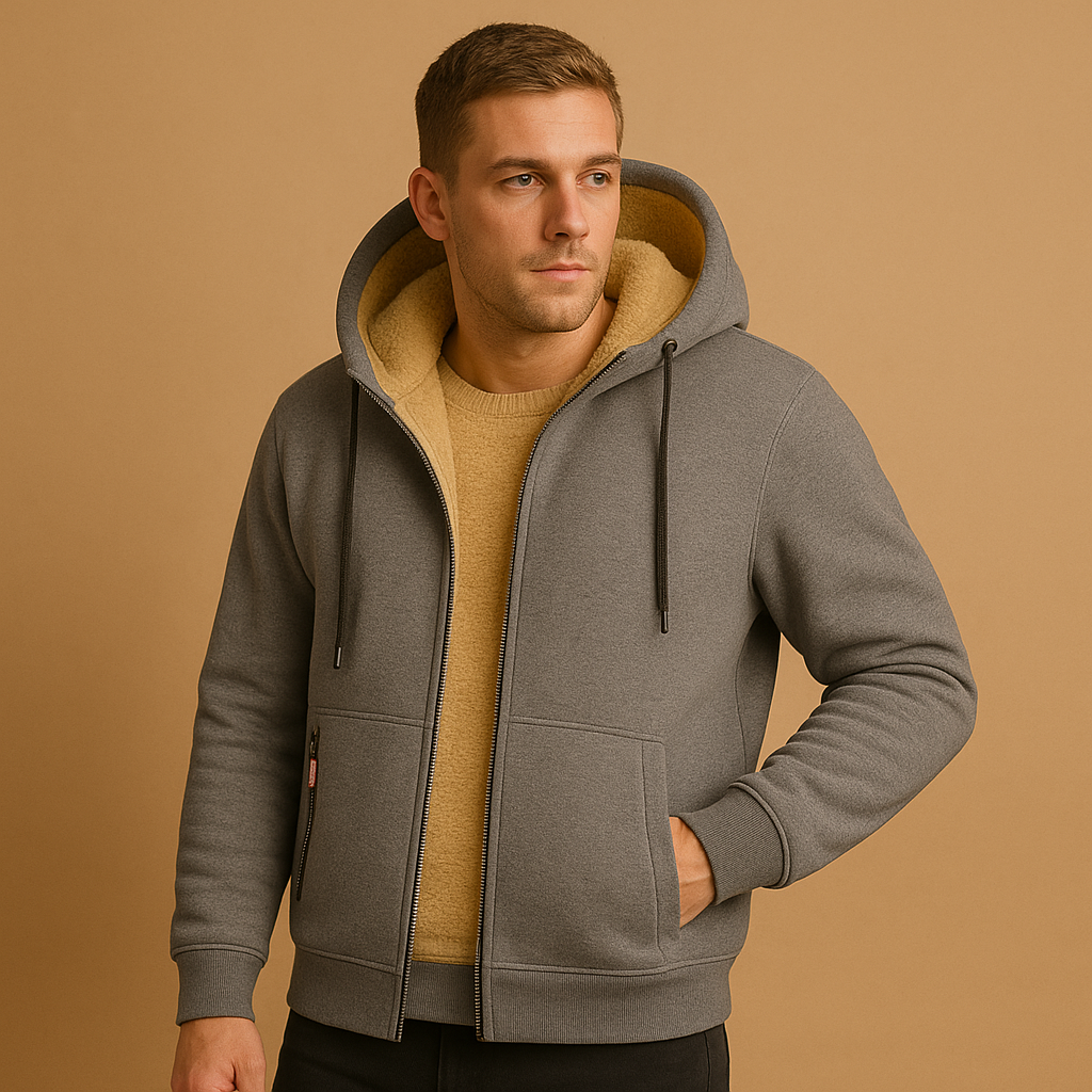 Men’s zipped hoodie with relaxed fit, hood, and zipper, available in black, gray, and navy blue. Ideal for casual wear, outdoor activities, and daily comfort.