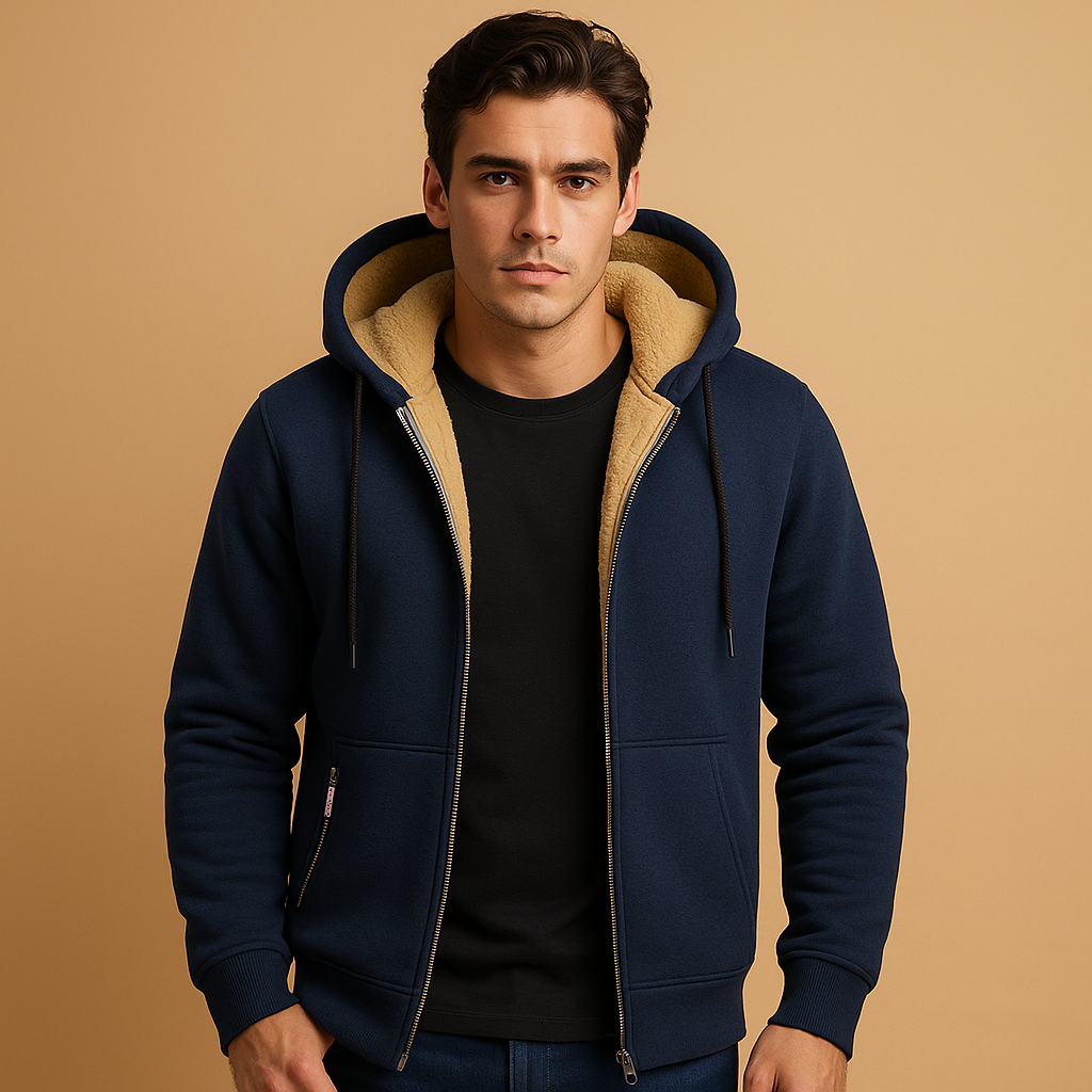 Men’s zipped hoodie with relaxed fit, hood, and zipper, available in black, gray, and navy blue. Ideal for casual wear, outdoor activities, and daily comfort.