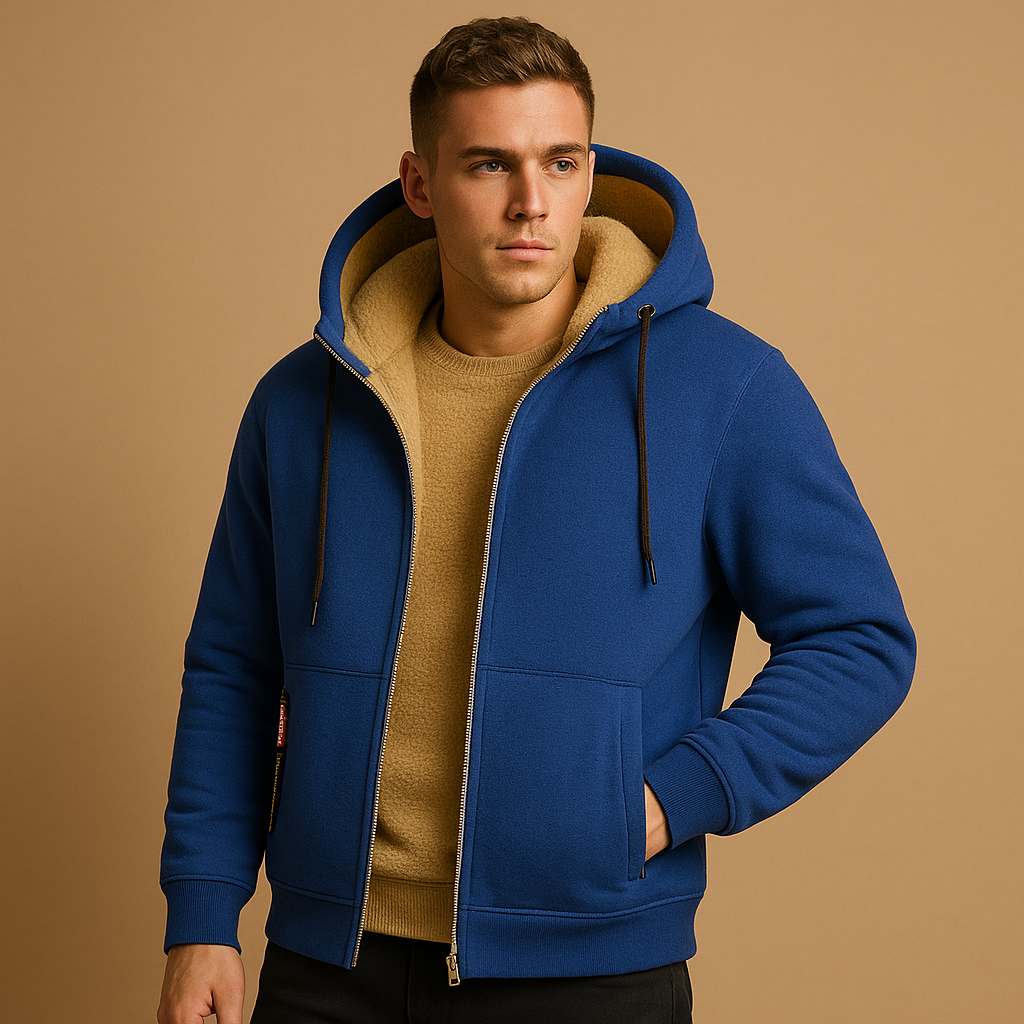 Men’s zipped hoodie with relaxed fit, hood, and zipper, available in black, gray, and navy blue. Ideal for casual wear, outdoor activities, and daily comfort.