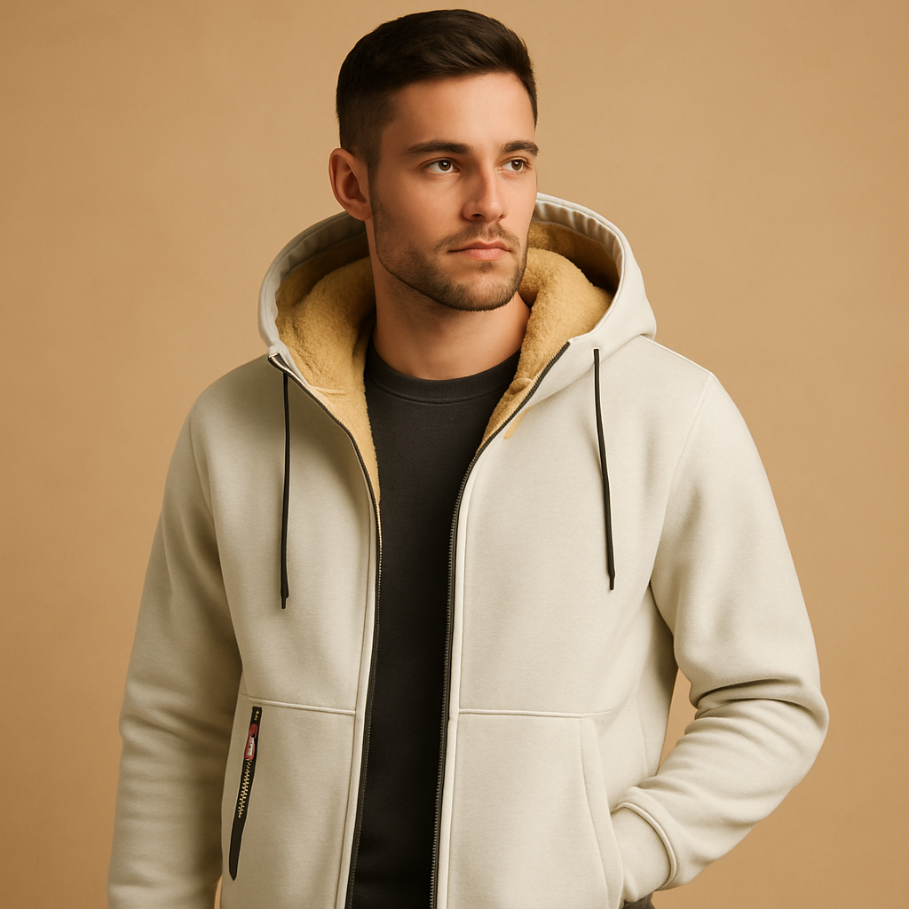 Men’s zipped hoodie with relaxed fit, hood, and zipper, available in black, gray, and navy blue. Ideal for casual wear, outdoor activities, and daily comfort.