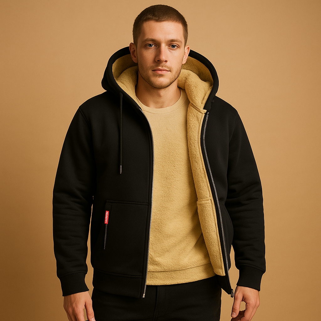 Men’s zipped hoodie with relaxed fit, hood, and zipper, available in black, gray, and navy blue. Ideal for casual wear, outdoor activities, and daily comfort.