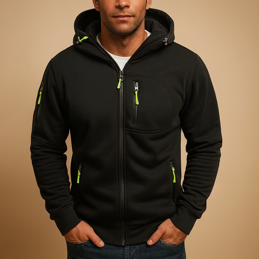 Men’s zipped hoodie with adjustable hood, breathable fabric, and multiple color options including black, blue, gray, green, and white. Perfect for casual and sporty looks.