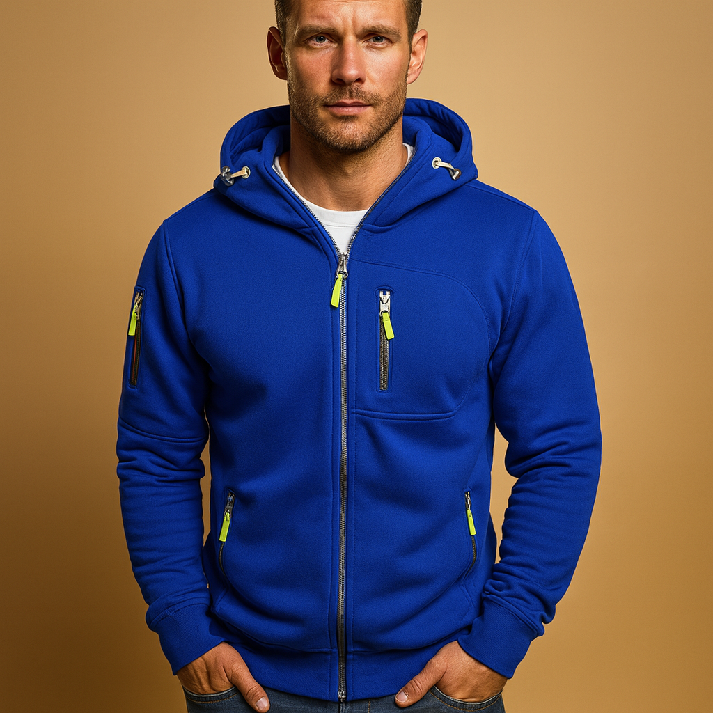 Men’s zipped hoodie with adjustable hood, breathable fabric, and multiple color options including black, blue, gray, green, and white. Perfect for casual and sporty looks.