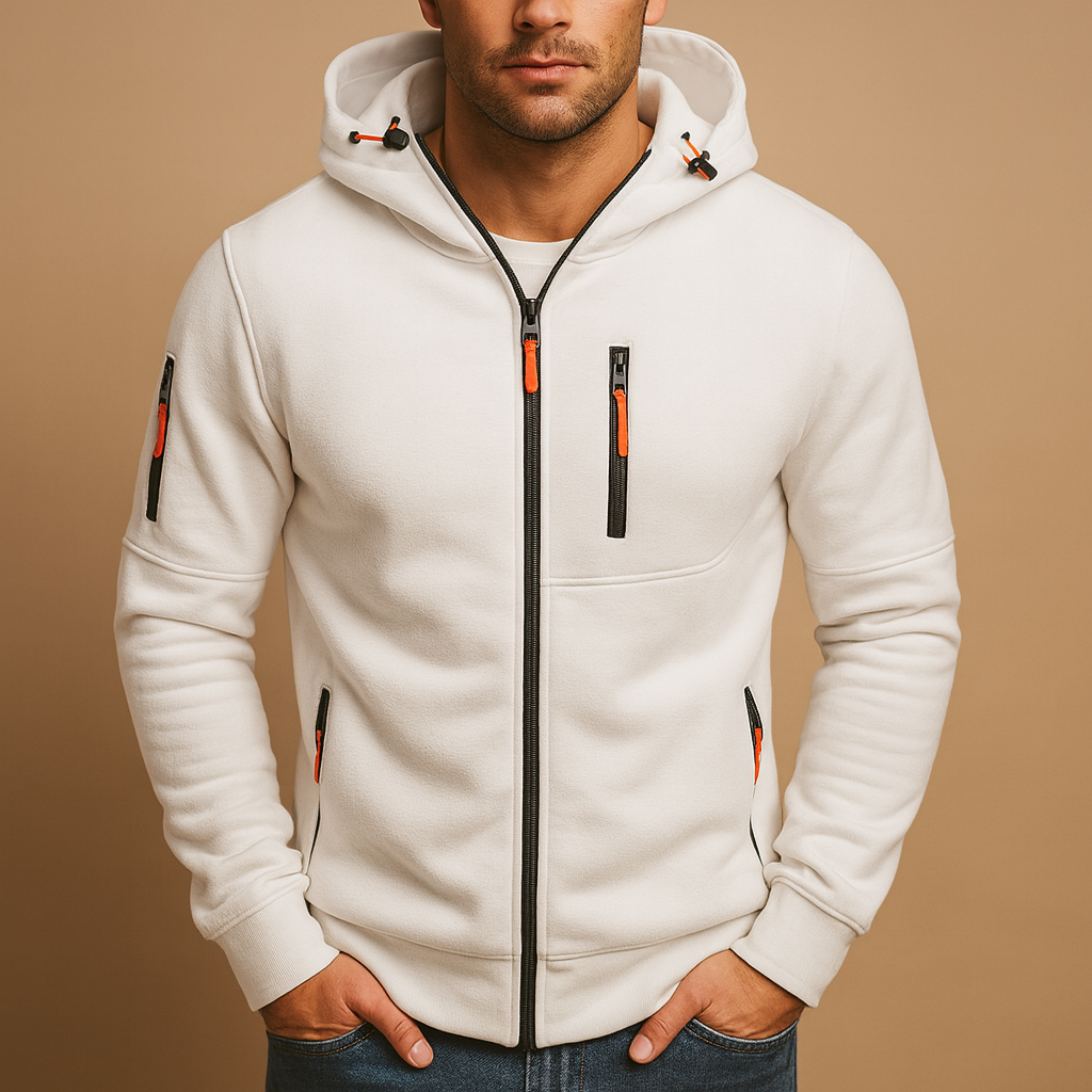 Men’s zipped hoodie with adjustable hood, breathable fabric, and multiple color options including black, blue, gray, green, and white. Perfect for casual and sporty looks.