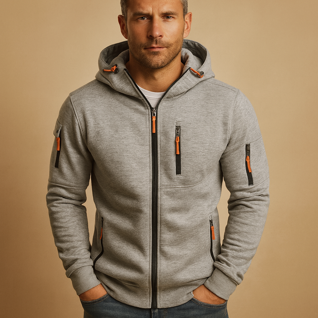 Men’s zipped hoodie with adjustable hood, breathable fabric, and multiple color options including black, blue, gray, green, and white. Perfect for casual and sporty looks.