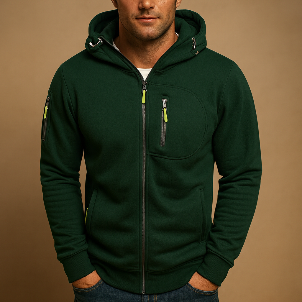 Men’s zipped hoodie with adjustable hood, breathable fabric, and multiple color options including black, blue, gray, green, and white. Perfect for casual and sporty looks.