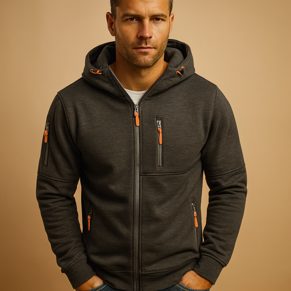 Men’s zipped hoodie with adjustable hood, breathable fabric, and multiple color options including black, blue, gray, green, and white. Perfect for casual and sporty looks.
