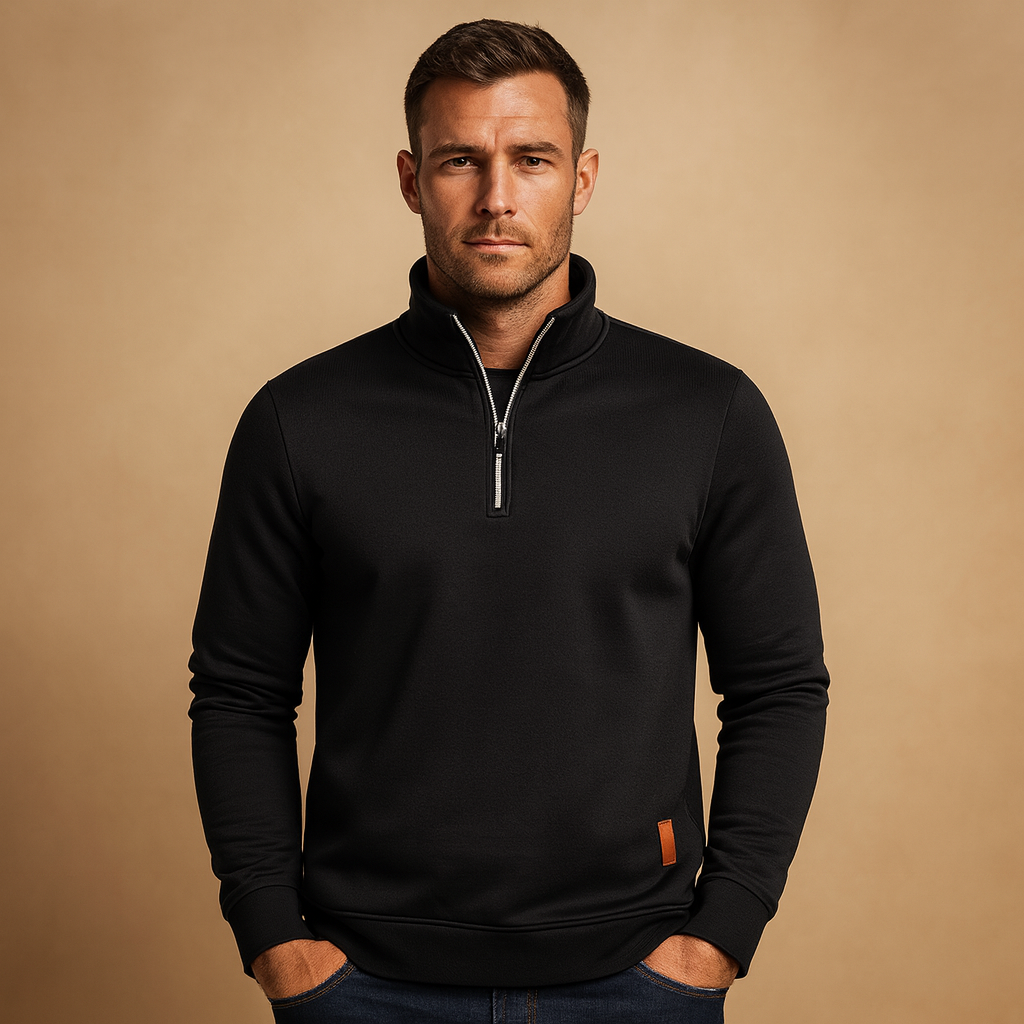 Men’s zipped sweater with soft fabric, modern look, and zipper design, available in blue, black, coffee, gray, and red. Perfect for casual or semi-formal outfits.