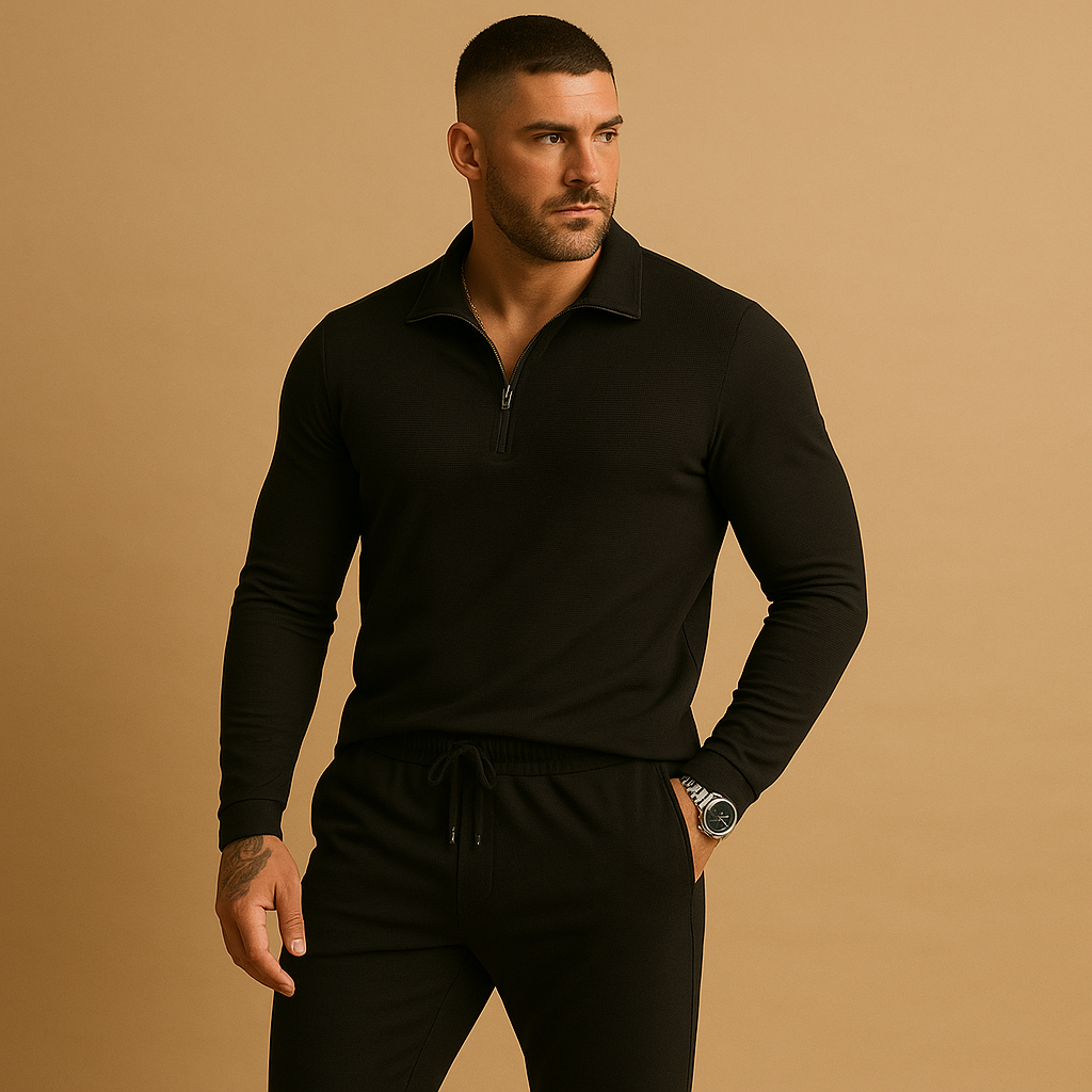 Modern tracksuit for men with zipped polo top and tapered joggers. Slim fit with stretch, perfect for casual outings, city walks, or relaxing at home.